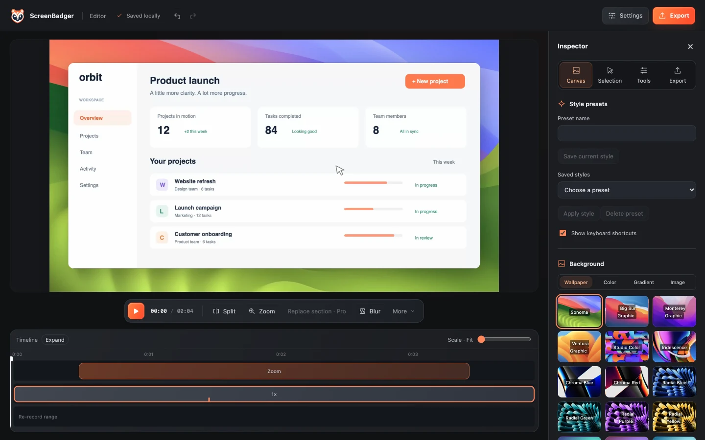 ScreenBadger editor with the canvas inspector, background picker, and zoom timeline